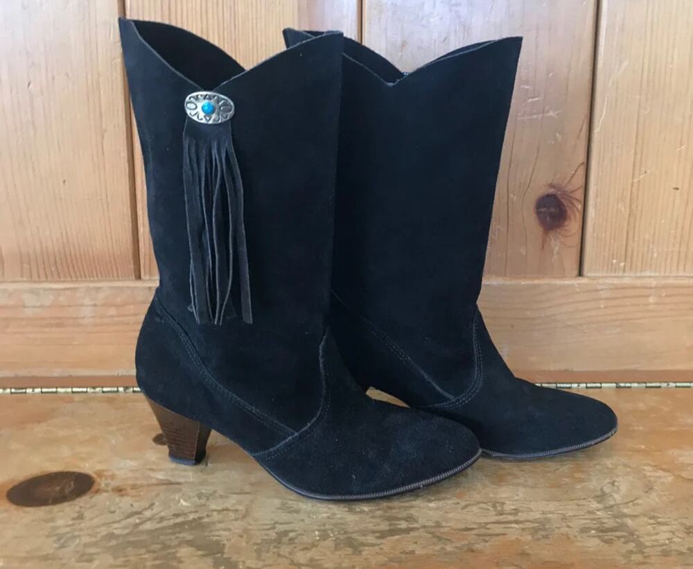 Vintage Pinwheels Western Black Suede BootsTurquoise Fringe Size 8.5 Cowboycore